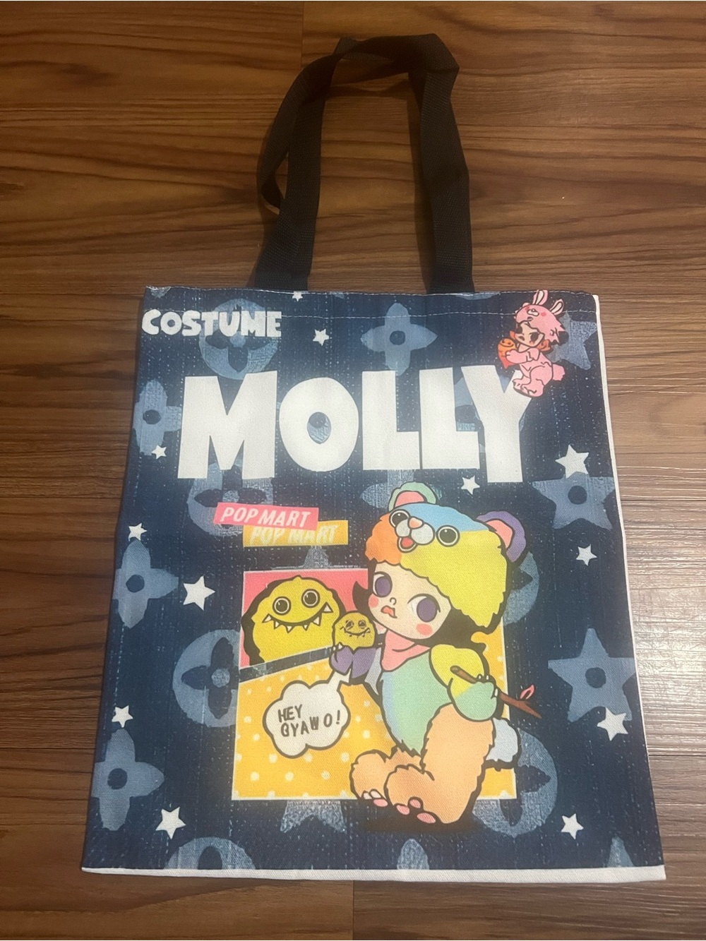 Hello Molly Navy Blue Cartoon Character Tote Bag with Yellow & Pink Accents